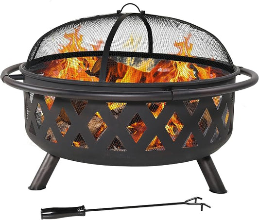 Sunnydaze Crossweave Outdoor Fire Pit - Wood-Burning Fire Pit for Outside with Spark Screen, Poker and Round Cover - 36-Inch - Black by SunnydazeDecor