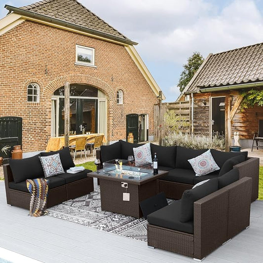 BULEXYARD 9 Piece High Back Outdoor Sectional Couch Set with Fire Pit, Elegant All-Weather Patio Furniture Set, Extra Large Size 8-Person Backyard Seating Group L-Shaped for Yard, Deck, Brown & Black