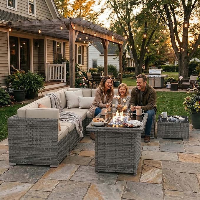 8 Pieces Patio Furniture Set with 44" Propane Gas Fire Pit Table, Outdoor Sectional Wicker Conversation Sofa Sets with Coffee Table
