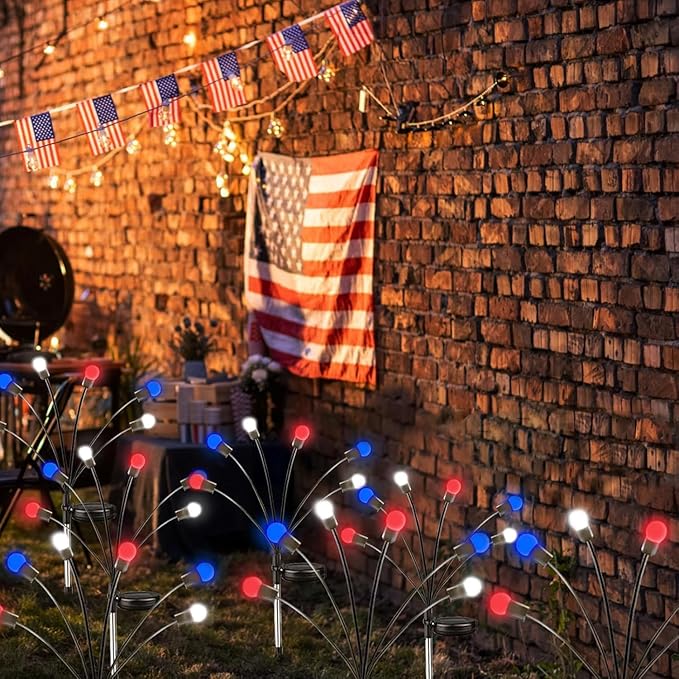 4th of July Decorations Outdoor, 8 Pack Red White and Blue Solar Garden Lights 48 LED, Solar Firefly Lights Outdoor Waterproof Patriotic Light for Independence Day,National Day Garden Yard Decoration