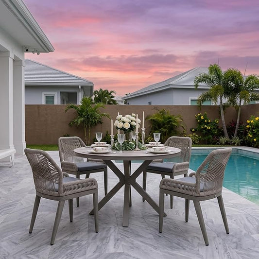PURPLE LEAF 5 Pieces Round Dining Set Patio Aluminum Modern Oversize Round Table and Wicker Chairs with Cushions for Kitchen Porch Garden Outdoor Furniture Sets, Light Grey by PURPLELEAF