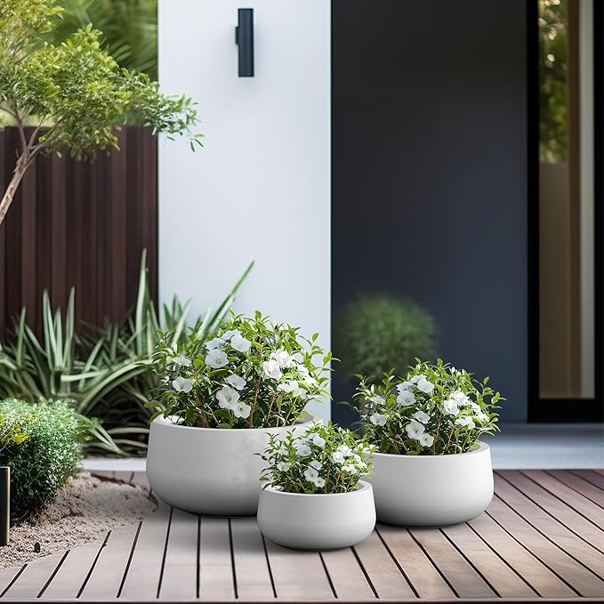 Kante 19.6",15.7",11.8" Dia Round Concrete Planters Set of 3, Outdoor Indoor Garden Plant Pots with Drainage Hole and Rubber Plug, Modern Curvaceous Design, Pure White