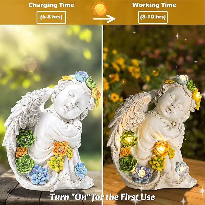 Solar Cherub Angel Outdoor Garden Decor Statues - 8 inches Angel Figurines Outdoor Sculptures with Succulent, Garden Statues for Outside, Patio, Balcony, Lawn Ornaments or Housewarming Gift