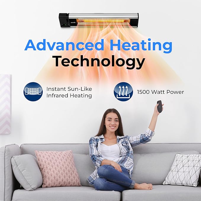 SereneLife Infrared Patio Heater, 1500W, IP65 Approved, Odorless, Wall-Mounted Heater with Remote, Indoor/Outdoor for Patio, Restaurant, Backyard, Garage, Decks