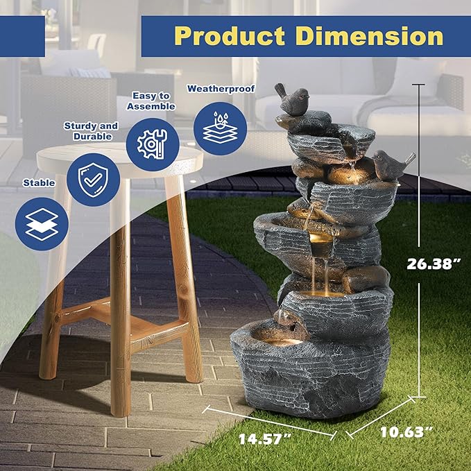 Outdoor Cascading Bird Water Fountain, 5-Tier Floor Natural Looking Rock Fountains with LED Pump Birds Decor, Freestanding Resin Fountain and Cascading Water Feature for Patio Garden, Grey