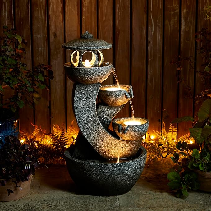 Glitzhome Pagoda Outdoor Water Fountain with LED Light, 4-Tier Oversized Cascading Stacked Stone Waterfall Fountains, Natural Stone Look Outdoor Fountain for Garden Patio Porch, 32”H
