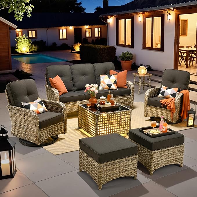 HOOOWOOO Outdoor Patio Furniture Set with Light Table,7 Pieces Wicker Conversation Set,All Weather High Back Couch Sofa Swivel Chairs Ottomans Set,Black
