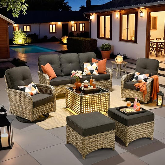 HOOOWOOO Outdoor Patio Furniture Set with Light Table,7 Pieces Wicker Conversation Set,All Weather High Back Couch Sofa Swivel Chairs Ottomans Set,Black