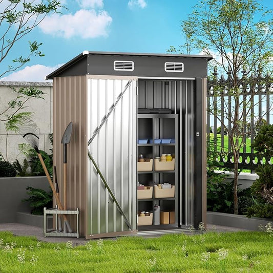 5x2.5 FT Vertical Metal Storage Shed, Lockable Outdoor Garden Tool Shed with Sloped Roof, Heavy-Duty Steel Utility Shed for Patio Backyard, Brown by Unknown