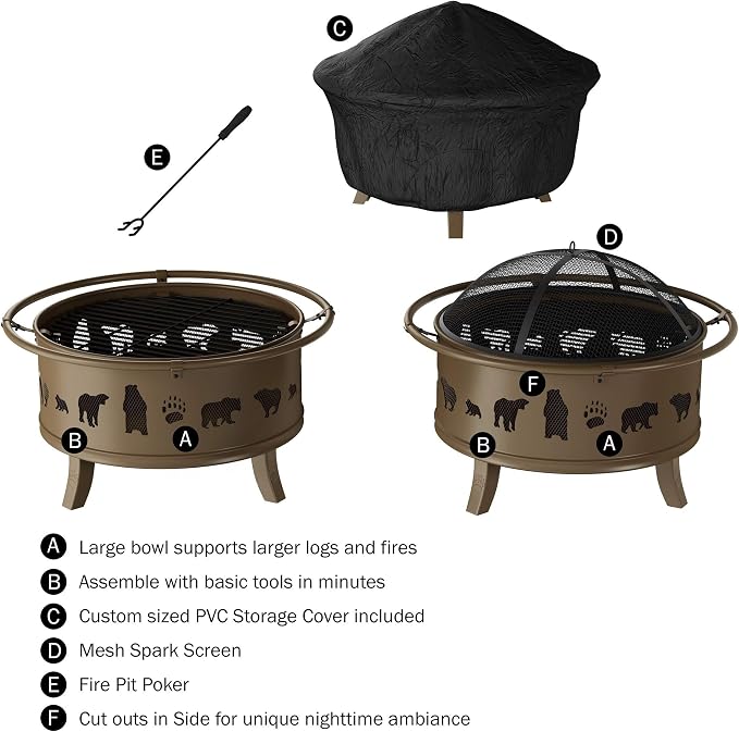 MISC 32" Wood Burning Outdoor Fire Pit with Bear Cutouts by - 32 X 25 Gold - Image 3