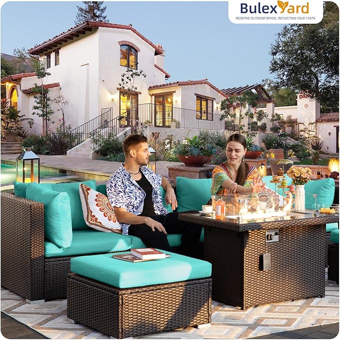 BULEXYARD 15 Piece Highback Wicker Patio Furniture Sets with Firepit, All-Weather Heavy Duty Outdoor Conversation Set Modular, Extra Deep Wide 14-Seats Sectional Couch Sofa for Backyard, Brown & Teal