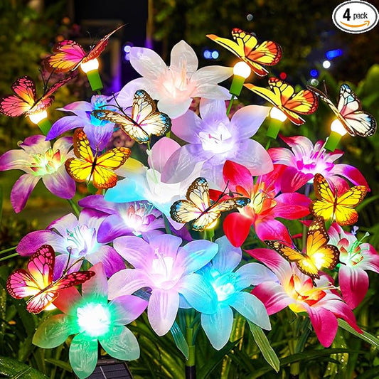 Garpar Solar Lights Outdoor Decorative, Upgraded 4 Pack Flowers with 16 Color Changing Lilies and 12 Butterflies, Brighter Waterproof Garden Decor for Yard Lawn Pathway, Mom Women Grandma Gift
