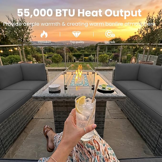 10 Pieces Patio Furniture Set with 44" Propane Gas Fire Pit Table, Outdoor Sectional Wicker Conversation Sofa Sets with Coffee Table