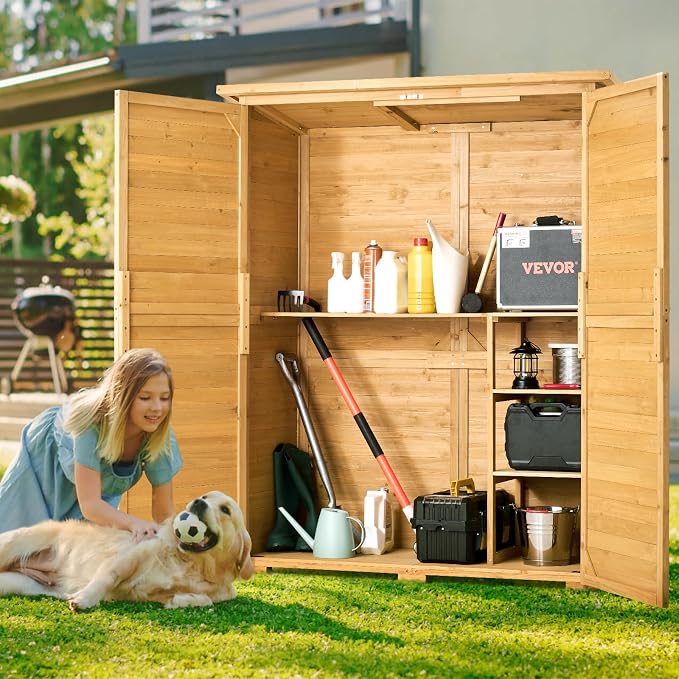 VEVOR Outdoor Storage Shed, Large Wooden Outside Storage Cabinet with Waterproof Roof and Metal Frame, Double Lockable Doors Garden Tool Shed Storage House Cabinet with Shelves, 55.1"x23.6"x67.5" - Image 8