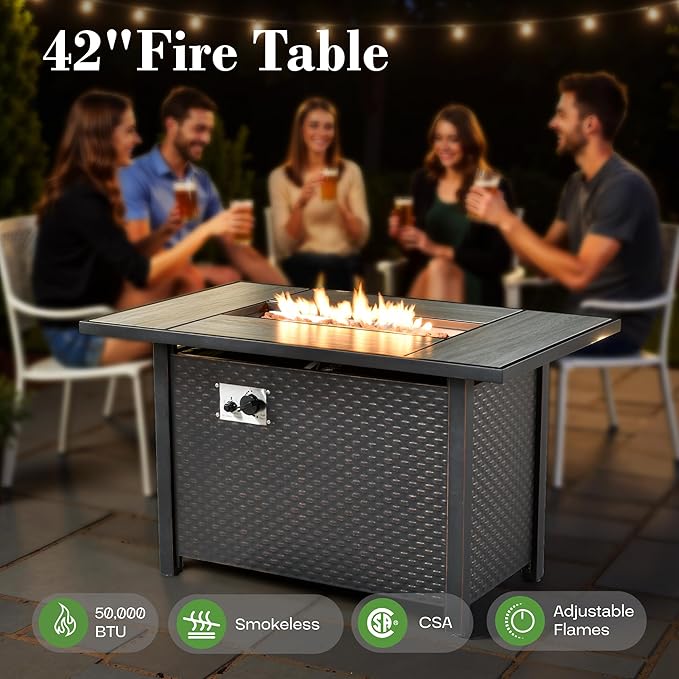 6 Pcs Patio Furniture with Fire Pit Table, Outdoor Rattan Wicker Conversation Set with Glowing Coffee Table, Comfy Sectional Sofa for Porch Balcony Backyard Pool, Blue