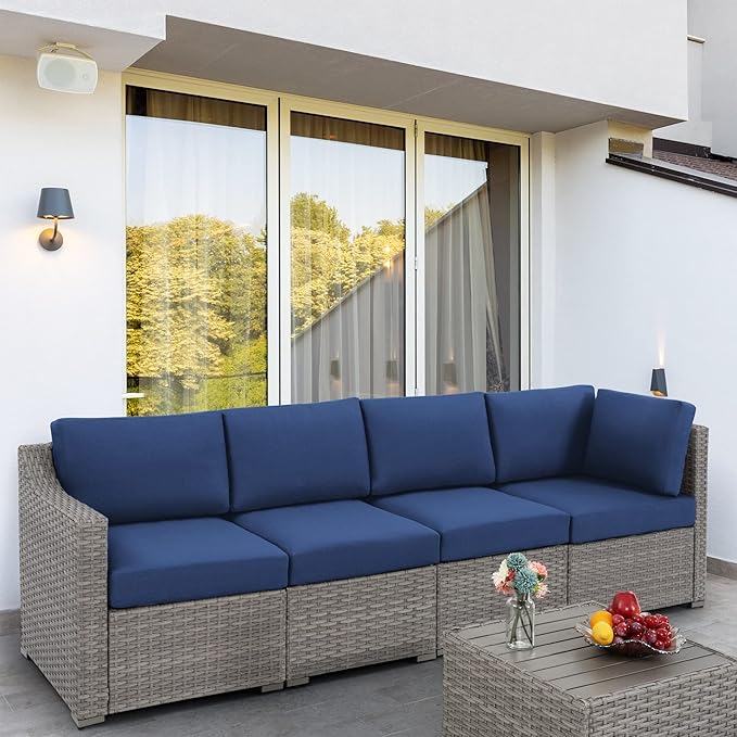 HAPPATIO 5 Piece Patio Conversation Set,All-Weather Patio Furniture Set,Outside Patio Furniture,4 Piece Outdoor sectional,PE Rattan Wicker Outdoor Sectional Sofa.(Grey/Blue)