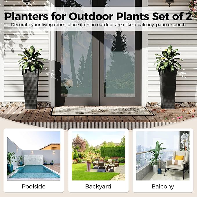 2 Pack Large Planters for Indoor Plants, Outdoor 24 inch Tall Planter with Removable Liners, Plant Pots for Trees Flowers, All-Weather Use with Drainage Holes for Porch, Patio, Backyard, Black