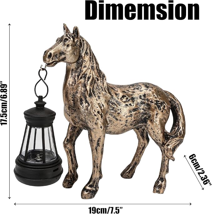 Horse Garden Statue with Lantern 7.5x6.8 inch, Solar Lighted Outdoor Figurine Sculpture for Yard Lawn Patio Farmhouse, Whimsical Home Decor, Gift for Housewarming Birthday Christmas (Bronze Color)