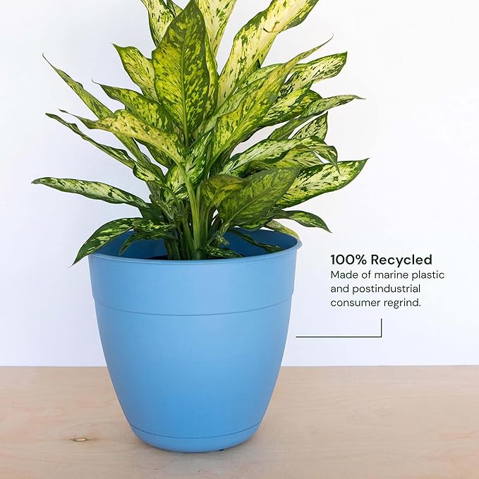 Bloem Dayton Planter with Saucer: 16" - Ocean Blue - 100% Recycled Plastic Pot, Removable Saucer, Elevated Feet, for Indoor and Outdoor Use, Gardening, 8.5 Gallon Capacity