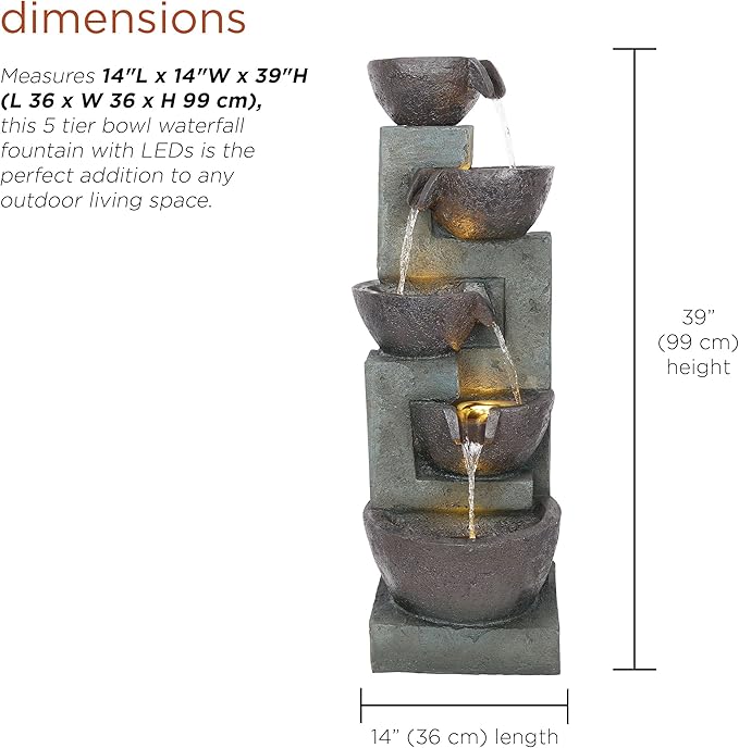Alpine Corporation 39" Tall 5-Tier Bowls Waterfall Fountain with LED Lights, Elegant Outdoor Water Feature for Garden, Patio, Yard, Gray