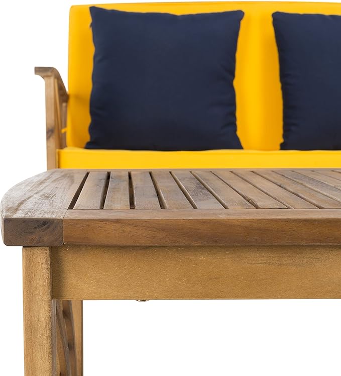 SAFAVIEH Outdoor Collection Fontana Natural/ Yellow Cushions/ Navy Pillows 4-Piece Conversation Patio Set