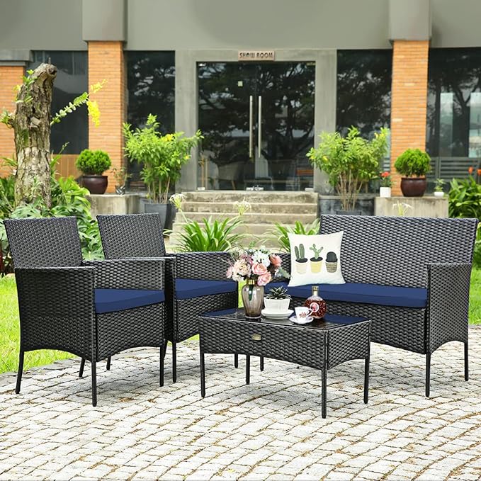 8 Pieces Patio Furniture Set, Outdoor Conversation Set with Ergonomic Curved Backrest, Patio Chair Set with Water-Resistant Cushion & Tempered Glass Table for Balcony, Porch (Navy Blue)