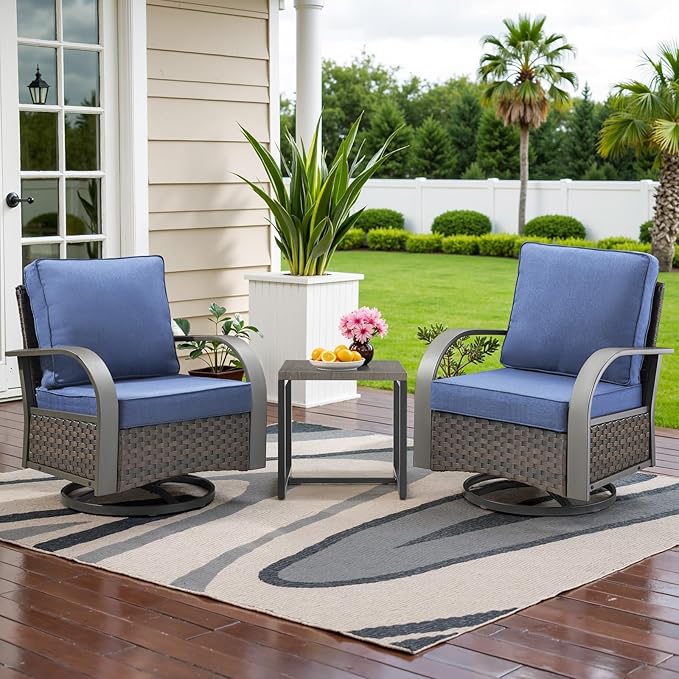 Belord Outdoor Swivel Rocker Patio Chairs Set of 2, 3 Piece Wicker Patio Bistro Set with Metals Side Table and Comfort High Back 4" Cushion Outdoor Patio Glider Chair for Balcony Deck Porch