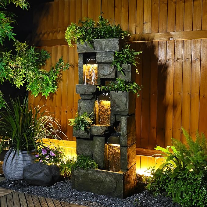 Garden Water Fountains Outdoor Floor Standing, 3 Tier Rock Waterfall Fountain with LED Lights and Pump for Garden, Patio, Backyard, Deck, Porch and Home Art Deco, 56.3" Very Tall