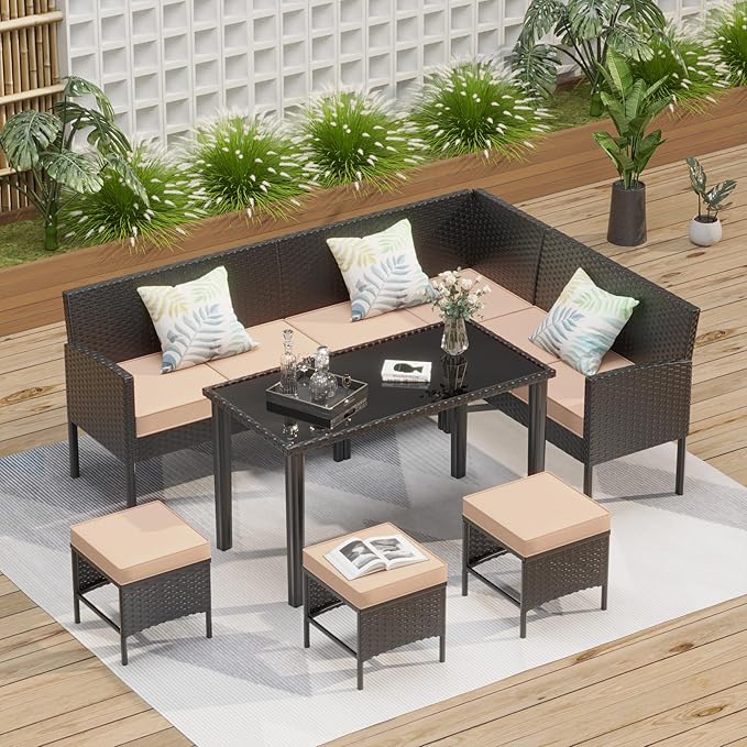 7-Piece Outdoor Patio Furniture Set, Wicker Sectional Sofa with Cushions & 3 Pillows, All-Weather Conversation Set with Long Glass Coffee Table for Garden, Porch, Lawn, Khaki