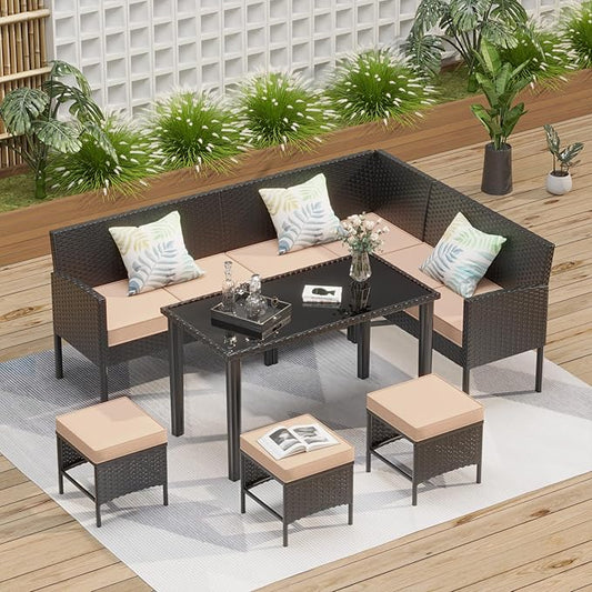 7-Piece Outdoor Patio Furniture Set, Wicker Sectional Sofa with Cushions & 3 Pillows, All-Weather Conversation Set with Long Glass Coffee Table for Garden, Porch, Lawn, Khaki
