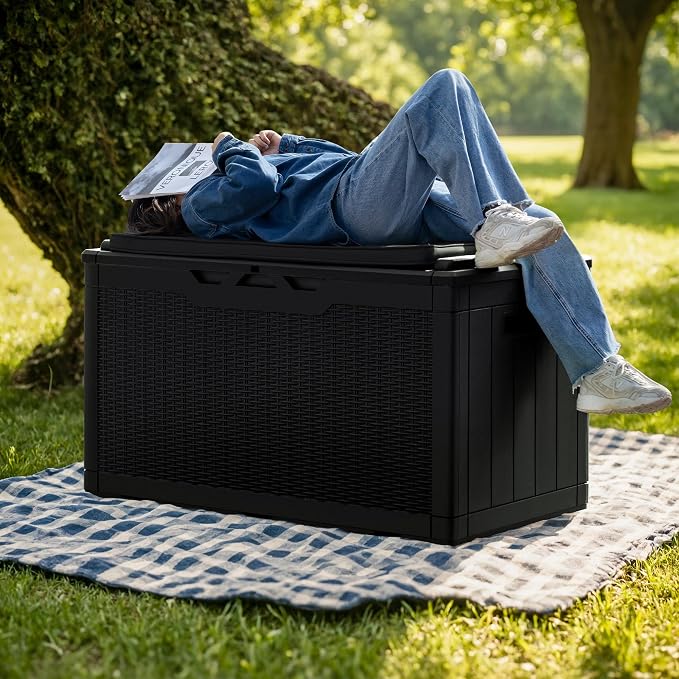 Greesum 100 Gallon Resin Deck Box Large Outdoor Storage with Cushions for Patio Furniture, Garden Tools, Pool Supplies, Weatherproof and UV Resistant, Lockable, Black - Image 2