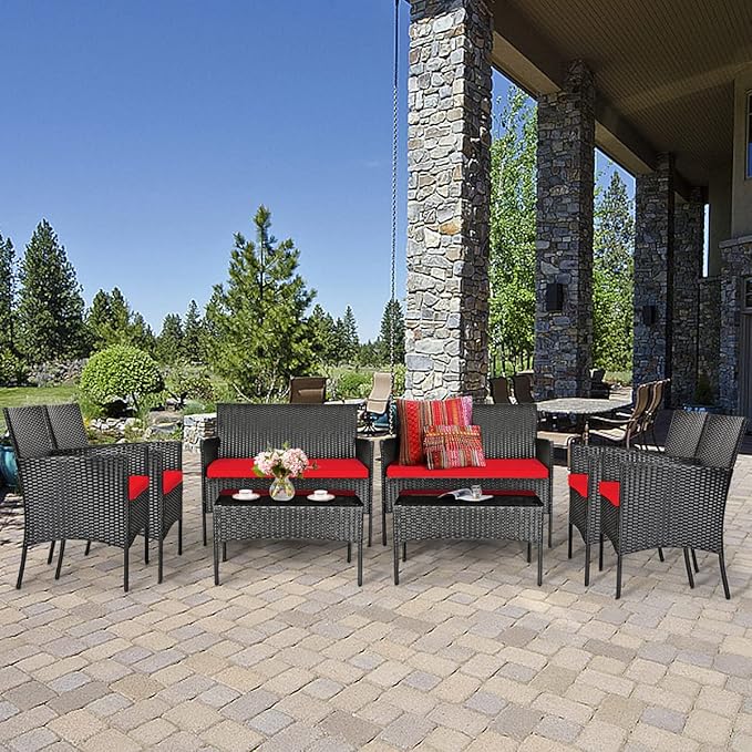 8 Pieces Patio Furniture Set, Outdoor Conversation Set with Ergonomic Curved Backrest, Patio Chair Set with Water-Resistant Cushion & Tempered Glass Table for Balcony,Porch,Poolside(Red)