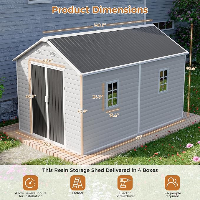CDCASA Resin Storage Shed 8x12 FT, Waterproof Outdoor Sheds Heavy Duty Aluminum Frame Outside Plastic Tool Shed with Adjustable Openable Windows, Lockable Door for Backyard, Garden, Lawn, Dove Grey - Image 2