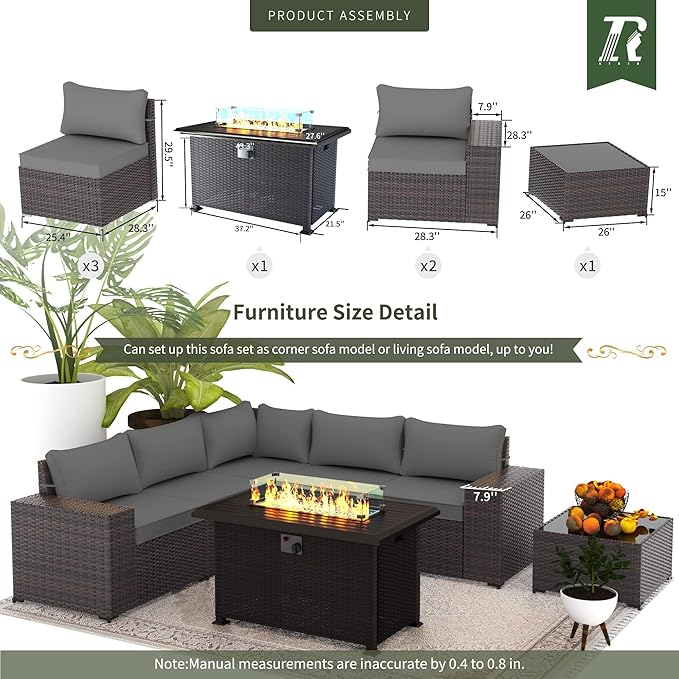 7 PCS Outdoor Patio Furniture Set,Outdoor Sectional Furniture with 43" 55000 BTU Gas Propane Fire Pit Table,All Weather PE Rattan Wicker Patio Conversation Set,Grey