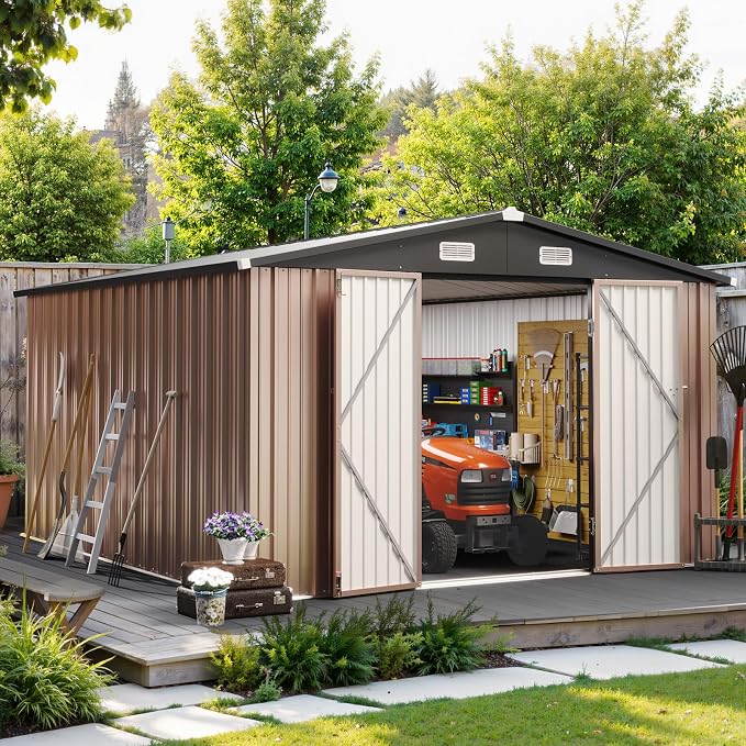 10x12FT Outdoor Storage Shed, Metal Garden Tool Shed with Sloping Roof & Lockable Door for Patio Lawn Backyard (Brown, 10x12FT) - Image 2