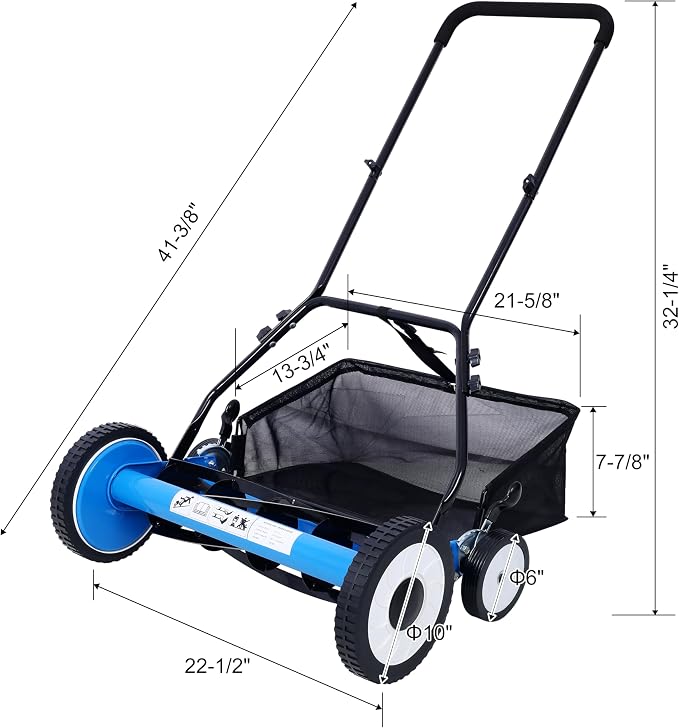 16-Inch 5-Blade Push Reel Lawn Mower with Grass Catcher, 4 Wheels (Blue) - Image 2