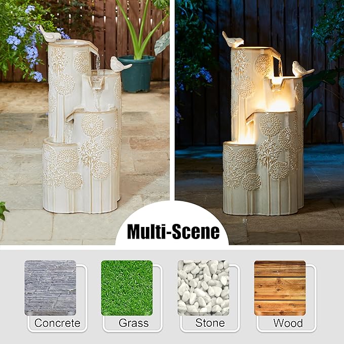 Glitzhome Water Fountain Outdoor with LED Lights, 4-Tier Vase Shaped Ceramic Outdoor Fountain, Dandelion Glaze Water Fountains Feature for Garden Backyard Patio, Sand Beige, 31.7”H