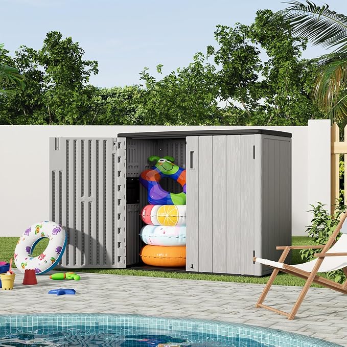 KINYING Outdoor Horizontal Storage Sheds,37 Cu.ft Outdoor Storage Cabinet Waterproof Resin Tool Storage Box for Lawn Mower,Garden Tools and Patio Furniture, Lockable (Grey) - Image 6