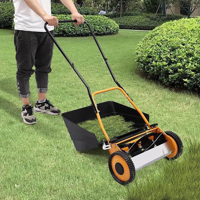 16 Inch Manual Push Lawn Mower, Freestanding 5-Edged Blades Push Lawn Sweeper with Grass Collecting Box, Adjustable Mowing Height 2-in-1 Wheeled Manual Lawnmower for Backyard Grassland - Image 8