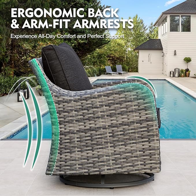 MEISSALIVVE 3 Pieces Patio Furniture Set with Swivel Chair, Outdoor Swivel Rocker with Washable Cushions & Tempered Glass Tabletop, Outdoor Rattan Conversation Set for Lawn Backyard Porch (Black)