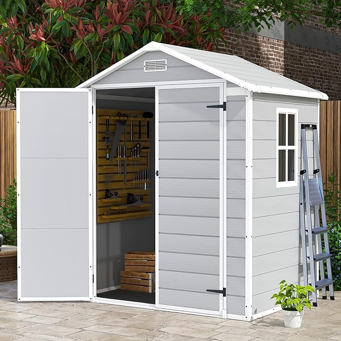Patiowell 6x4 FT Resin Outdoor Storage Shed with Floor, Plastic Storage Shed with Lockable Door, Outside Shed Perfect to Store Patio Furniture, GardenTools Bike Accessories, Lawn Mower, Light Gray - Image 8