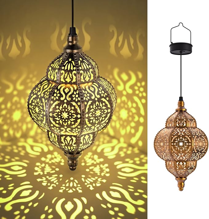 Hanging Solar Lights Outdoor Garden Decor Solar Lantern Waterproof Plastic Moroccan Outdoor Decorations for Patio Pathway Yard Backyard Garden Decorative (1 Pack, Bronze)