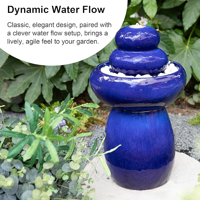 Glitzhome 22" H Zen-Style Outdoor Ceramic Fountain, 3 Tier Pedestal Cascading Water Fountains with LED Light & Pump, Cobalt Blue Pebbles Garden Fountains Waterfalls for Patio, Deck, Porch Decor