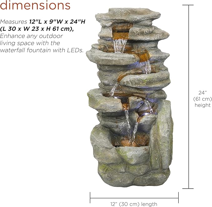 Alpine Corporation 24" H Outdoor Waterfall Floor Fountain with White LED Lights, Gray
