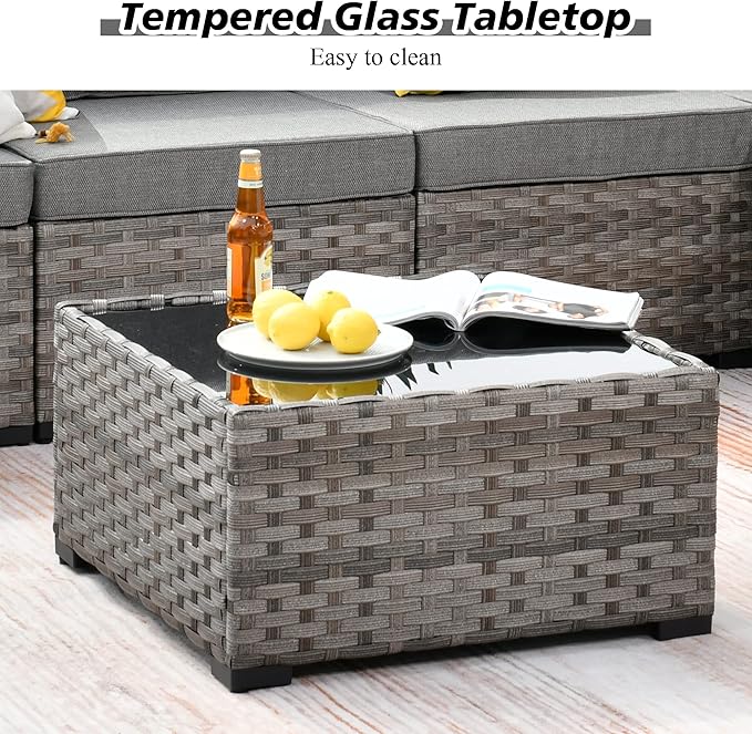 HOOOWOOO 13 Piece Modular Patio Outdoor Sectional Furniture Set with Gas Propane Fire Pit Table,Wicker Conversation Sofa Set,Out Door Couch Set with Wide Arm Outside(Dark Grey)