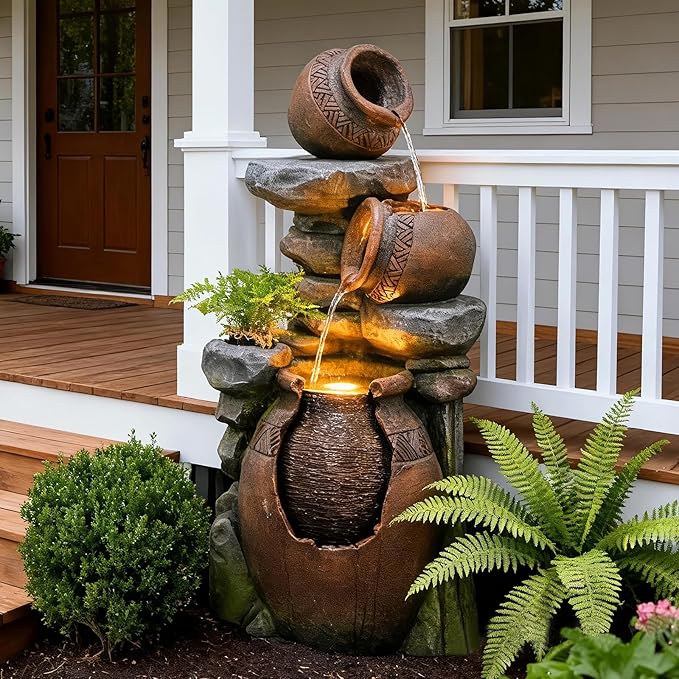 Outdoor Garden Water Fountain for Garden, Patio, Backyard, Deck, Porch and Home Art Decor, 3 Tiers Modern Cascading Outdoor Fountain with Lights 38.4" H