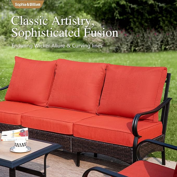 Sophia & William Patio Furniture Set, 5 Piece Metal Outdoor Conversation Set with 3-Seater Outdoor Couch, 2 Sofa Chairs, 1 Loveseat,1 Coffee Table for Outdoor Seating, Backyard, Porch(Red)