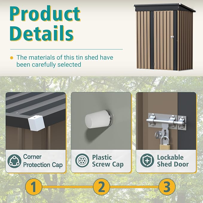 GUNJI 5 x 3 FT Shed Outdoor Storage Shed Metal Garden Shed with Lockable Door Outside Waterproof Tool Shed for Backyard, Patio, Lawn (Brown) - Image 5
