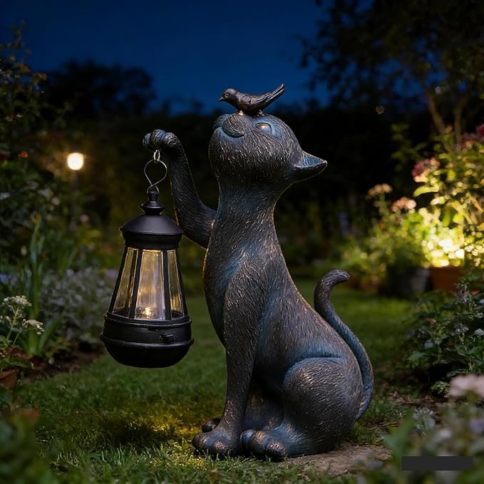 Outdoor Cat Statues Solar Garden Decor : Cat Figurine with Bird Decor,Unique Garden Art for Porch Patio Balcony Yard Lawn Ornaments - Birthday Housewarming Gifts for Grandma Mom Women