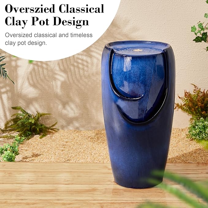 Glitzhome 29.25" H Tall Outdoor Ceramic Jar Water Fountain with LED Light and Submersible Pump Vase Floor Freestanding Water Fountain for Patio Garden Yard Art Decor, Cobalt Blue